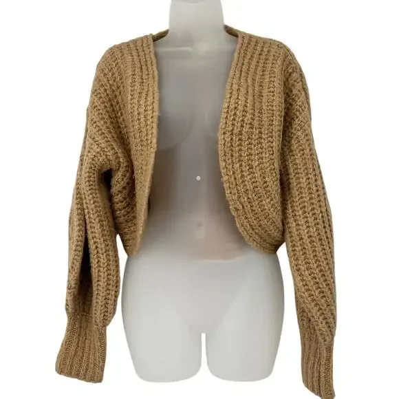 ANTHROPOLOGIE Rae Cropped Cardigan Tan Chunky Knit Sweater Oversized Size Small - Picture 6 of 11